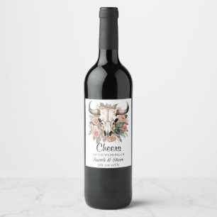 Western Boho Cow Floral Skull Sage Wedding Wine Label