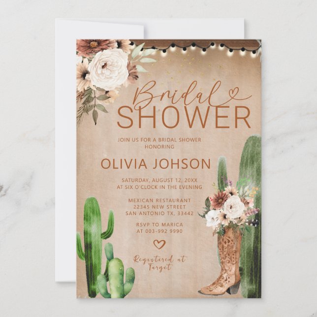 Western Boho Cowgirl Boots Cactus Bridal Shower Invitation (Front)