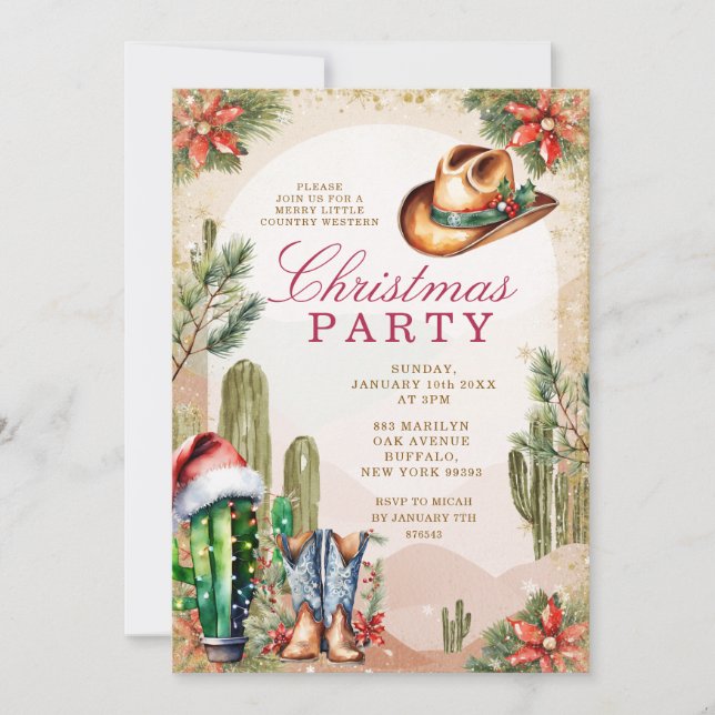 Western Boho Desert Cactus Cowboy Christmas Party Invitation (Front)
