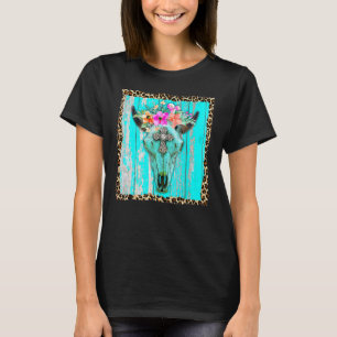 Western Boho Flowers Turquoise Cow Bull Skull Rode T-Shirt