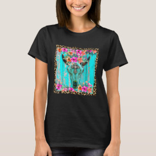 Western Boho Flowers Turquoise Cow Bull Skull Rode T-Shirt