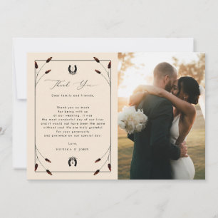 Western Boho Horseshoe Monogram 2 Photo Wedding Thank You Card