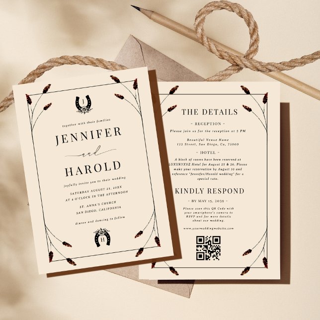 Western Boho Horseshoe Monogram All in One Wedding Invitation (Creator Uploaded)