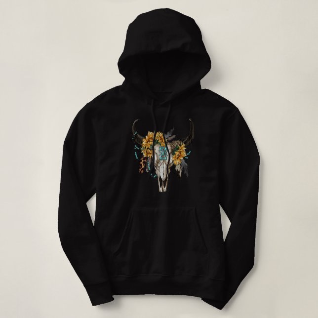 Western Boho Sunflowers Turquoise Cow Bull Skull  Hoodie (Design Front)