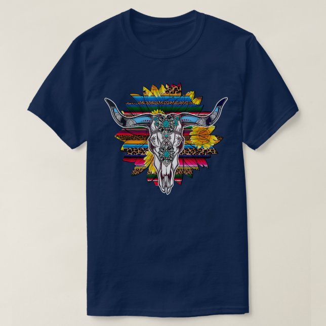 Western Boho Sunflowers Turquoise Cow Bull Skull  T-Shirt (Design Front)