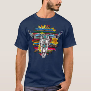 Western Boho Sunflowers Turquoise Cow Bull Skull T-Shirt