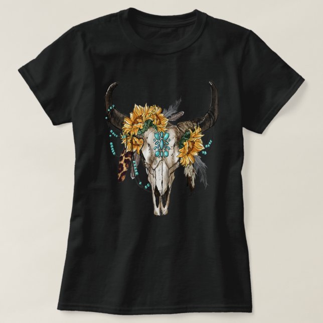 Western Boho Sunflowers Turquoise Cow Bull Skull  T-Shirt (Design Front)