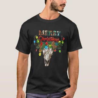 Western Boho Turquoise Cow Print Bull Skull Merry T-Shirt