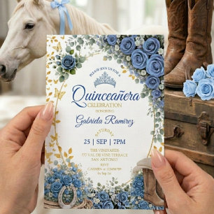 Western Boots Blue Roses Golden Quinceañera Invitation