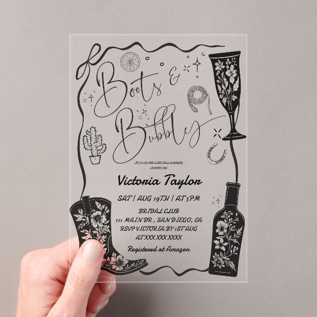 Western Boots & Bubbly Bow Bridal Shower  Acrylic Invitations (Insitu (Handheld))
