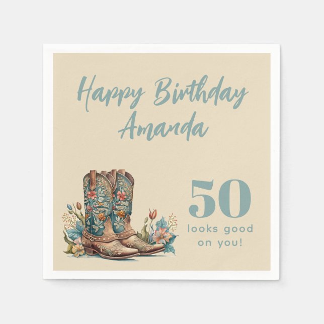 Western Boots Floral Fiftieth Birthday Napkin (Front)