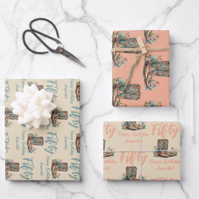 Western Boots Floral Fiftieth Birthday Wrapping Paper Sheet (Front)