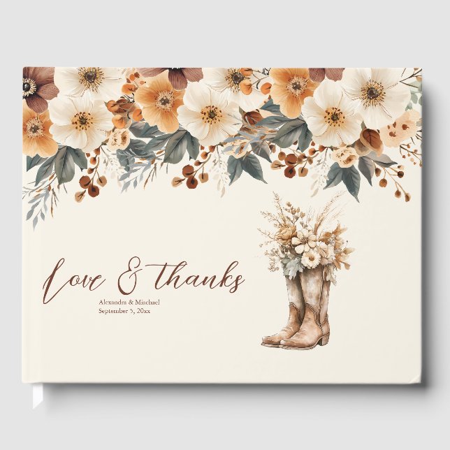 Western Boots Floral Terracotta Wedding Guest Book (Front)