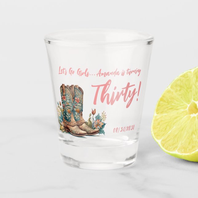 Western Boots Floral Thirtieth Birthday Shot Glass (Front)