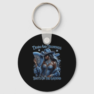 Western Boots On The Ground Denim And Diamonds Cow Key Ring