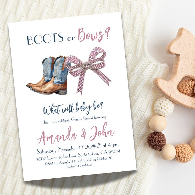 Western Boots or Bows Blue Pink Gender Reveal Invitation (Creator Uploaded)