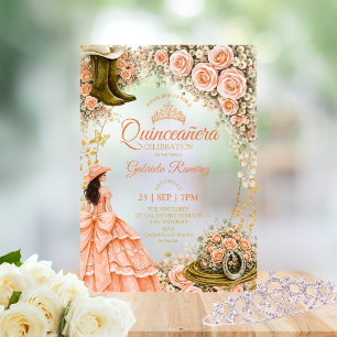 Western Boots Peach Roses Golden Quinceañera Acrylic Invitations