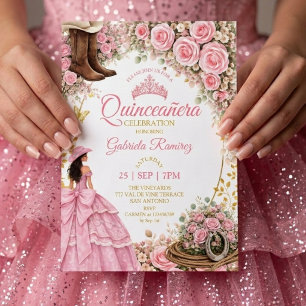 Western Boots Pink Roses Golden Quinceañera Invitation