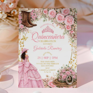 Western Boots Pink Roses Golden Quinceañera Invitation