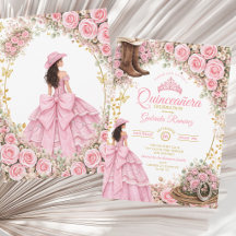 Western Boots Pink Roses Golden Quinceañera