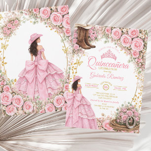 Western Boots Pink Roses Golden Quinceañera Invitation
