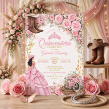 Western Boots Pink Roses Golden Quinceañera