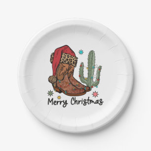Western Boots Santa Merry Christmas Boots Xmas Paper Plate