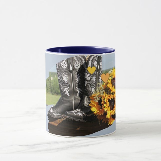 Western Boots Sunflowers Rustic Wedding Mug (Center)