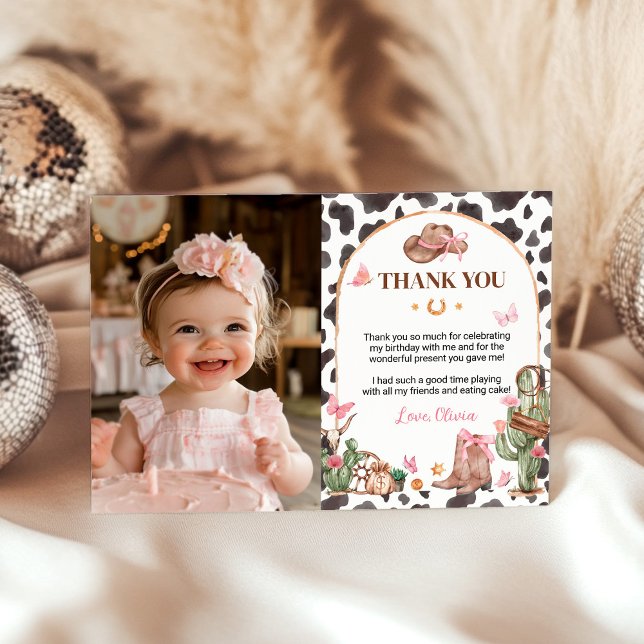 Western Bows Pink Cowgirl Birthday Photo Thank You Card (Creator Uploaded)