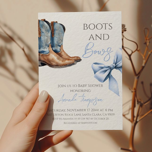 Western Boy Boots and Bows Blue Baby Shower Invitation (Creator Uploaded)