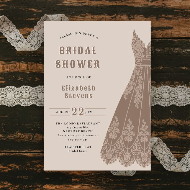 Western Bridal Dress Cowgirl Chic Rustic Shower Invitation (western bridal shower invitation cowgirl dress elegant lace country rustic chic barn ranch backyard)