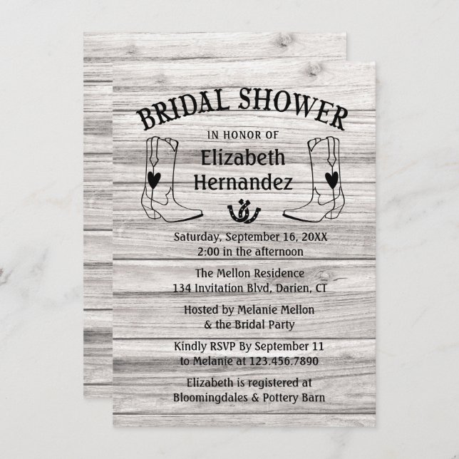 Western Bridal Shower Cowboy Boots Country Wood Invitation (Front/Back)