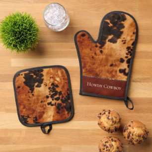 Western Brown Black Cowhide Oven Mitt & Pot Holder Set