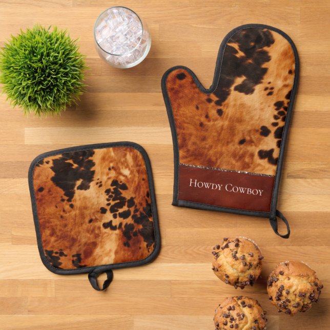 Western Brown Black Cowhide Oven Mitt & Pot Holder Set (Top Down)