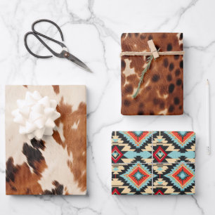 Western Brown Black Cream Cowhide Cowboy Cowgirl Wrapping Paper Sheet