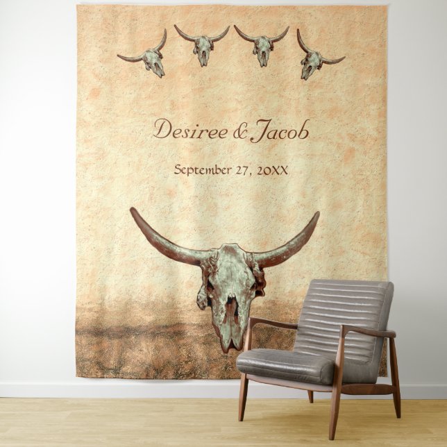 Western Brown Bull Skull Wedding Photo Booth Tapestry (In Situ)