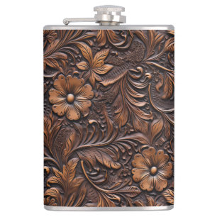 Western Brown Cowgirl Bohemian Floral Hip Flask