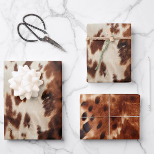 Western Brown Cream Cowhide Birthday Wrapping Paper Sheet