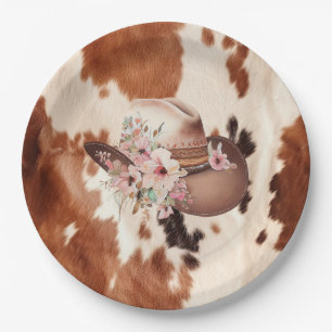 Western Brown Cream Floral Cowgirl Hat Paper Plate