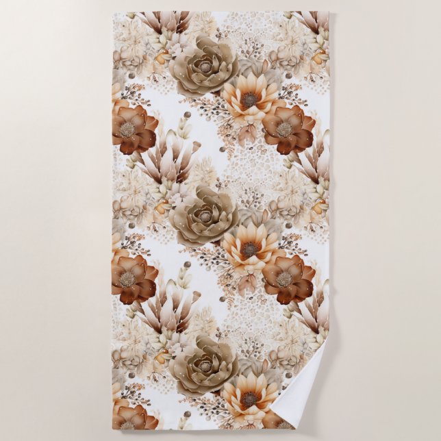 Western Brown Cream Southwest Floral Beach Towel (Front)