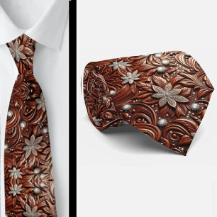 Western Brown Faux Leather Tooled Diamond Tie