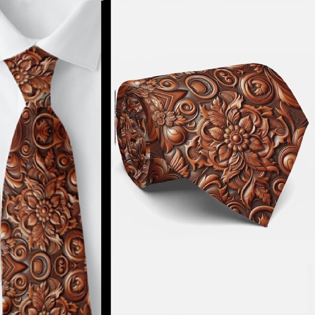 Western Brown Faux Leather Tooled Retro Mens Tie (Creator Uploaded)