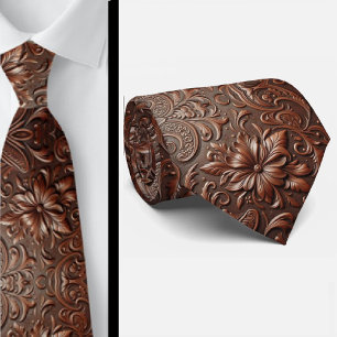 Western Brown Faux Leather Tooled Retro Mens Tie