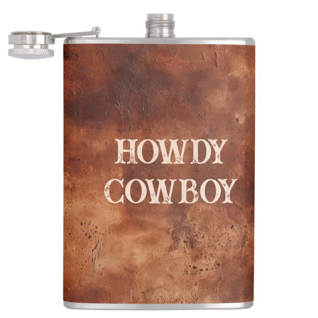 Western Brown Howdy Cowboy Brown  Hip Flask (Opened)