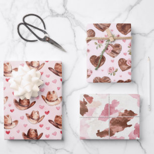 Western Brown Pink Cowgirl Hats Hearts Birthday Wrapping Paper Sheet