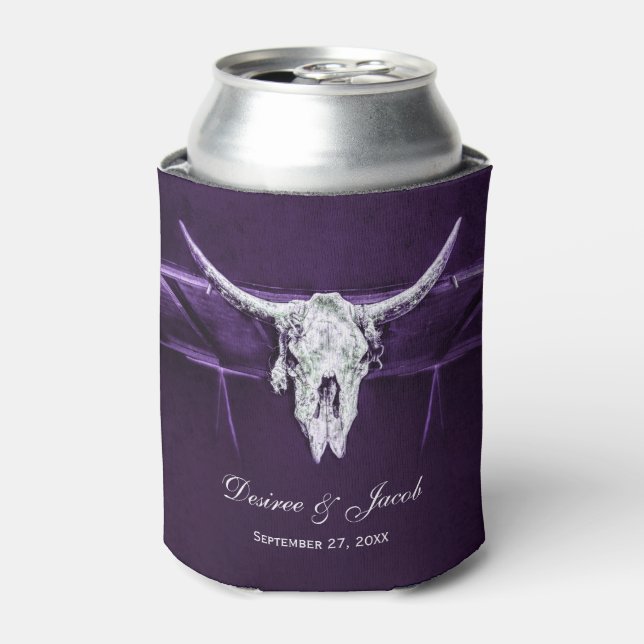 Western Bull Cow Skull Dark Purple White Rustic Can Cooler (Can Front)
