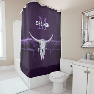 Western Bull Cow Skull Purple White Monogram Shower Curtain