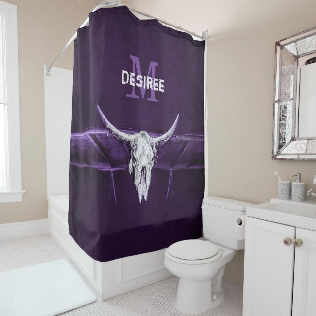 Western Bull Cow Skull Purple White Monogram Shower Curtain (In Situ)