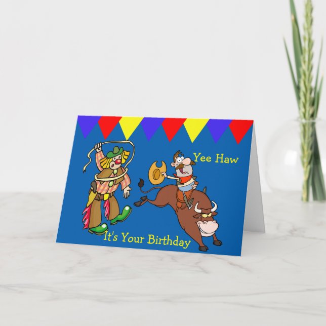Western Bull Rider and Rodeo Clown Cartoon Card (Front)