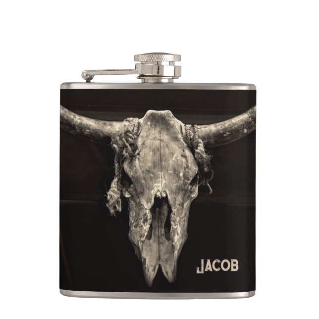 Western Bull Skull Country Rustic Brown Vintage Hip Flask (Front)